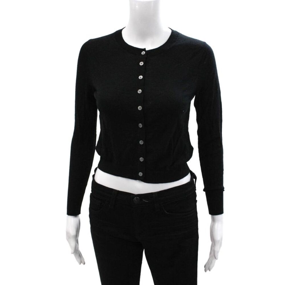 J Crew Womens Cardigan Black Merino Wool Button Crew Neck Long Sleeve Size XS